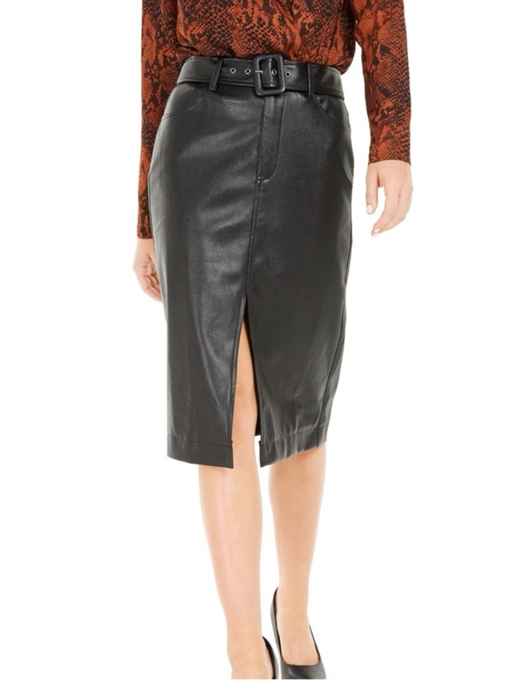 BECCA TILLEY X BAR III Black Faux Leather Belted Slit Midi Skirt XL NEW NWOT